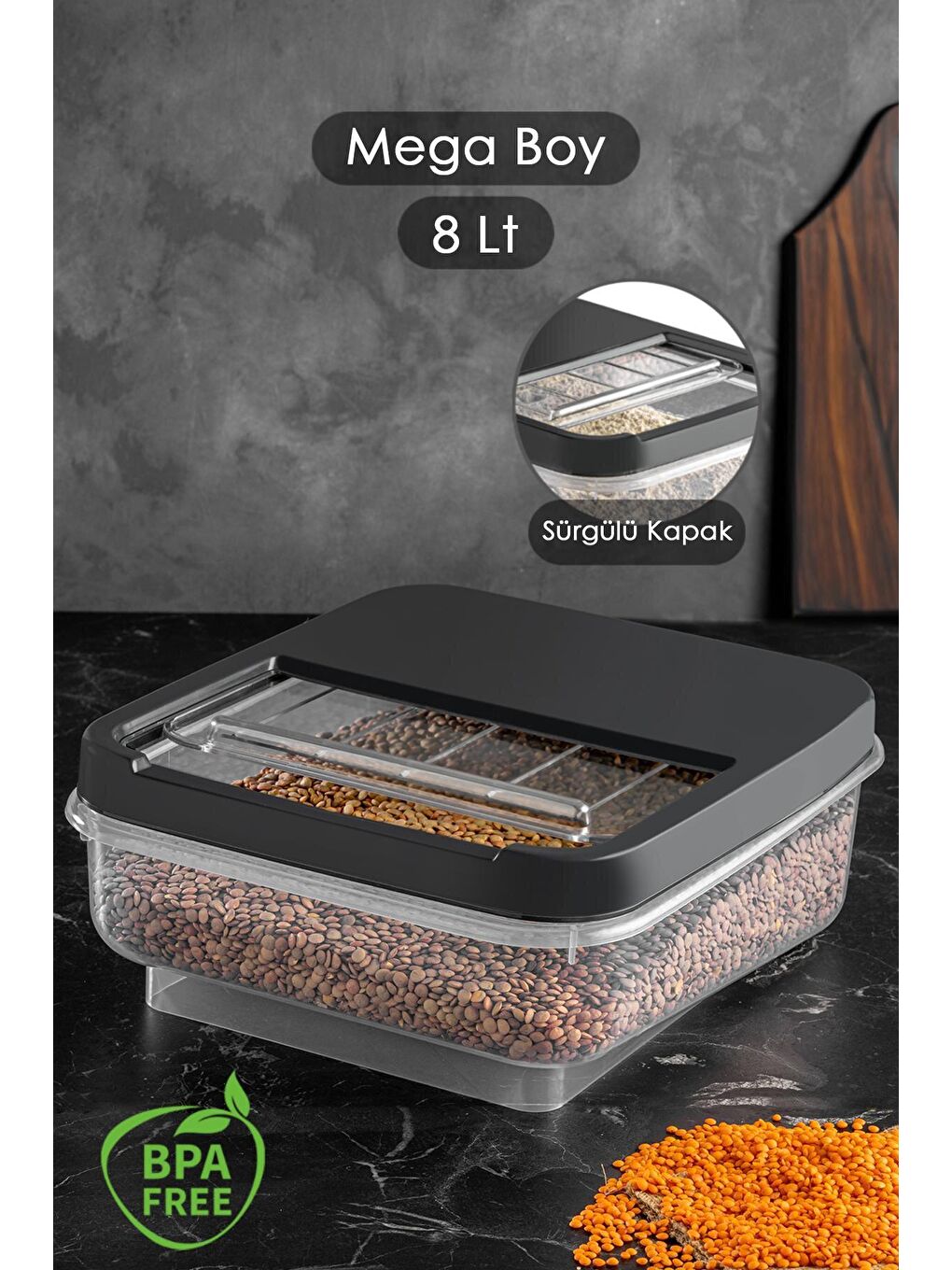 Antrasit 8 lt Kayar Kapaklı Erzak Saklama Kabı