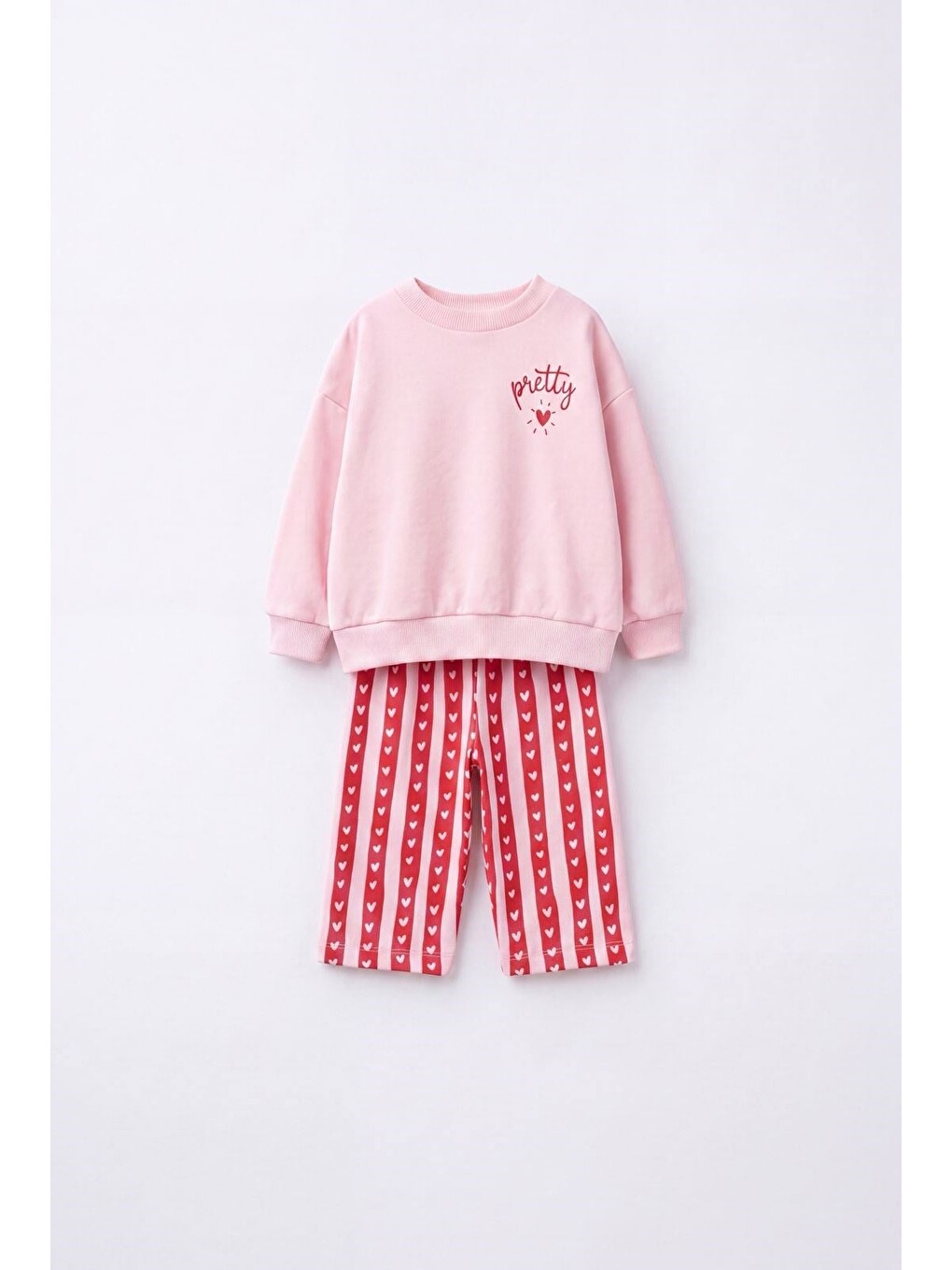 Karışık Kız Çocuk Pamuklu Pembe Sweatshirt Ve Kırmızı Kalp Desenli Çizgili Eşofman Takımı