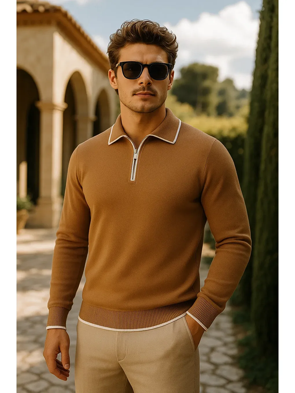 Kahverengi Erkek Günlük Fermuarlı Camel Uzun Kollu Polo Yaka Triko-1