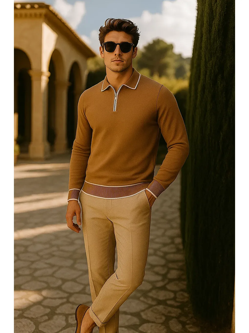 Kahverengi Erkek Günlük Fermuarlı Camel Uzun Kollu Polo Yaka Triko-2