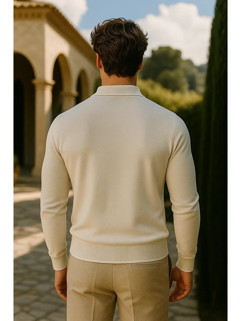 Ekru Erkek Günlük Fermuarlı Krem Uzun Kollu Polo Yaka Triko-4