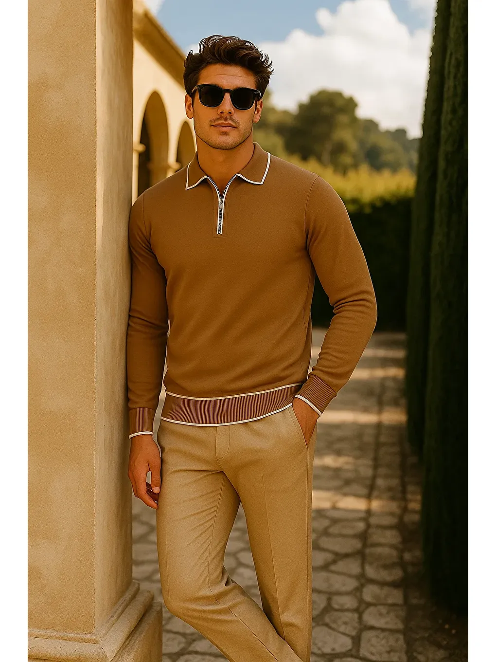 Kahverengi Erkek Günlük Fermuarlı Camel Uzun Kollu Polo Yaka Triko-3