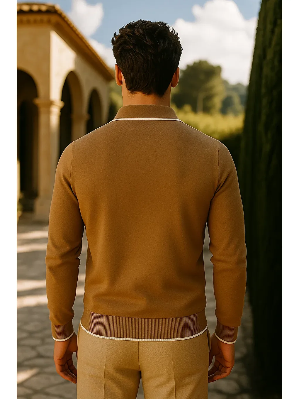Kahverengi Erkek Günlük Fermuarlı Camel Uzun Kollu Polo Yaka Triko-5