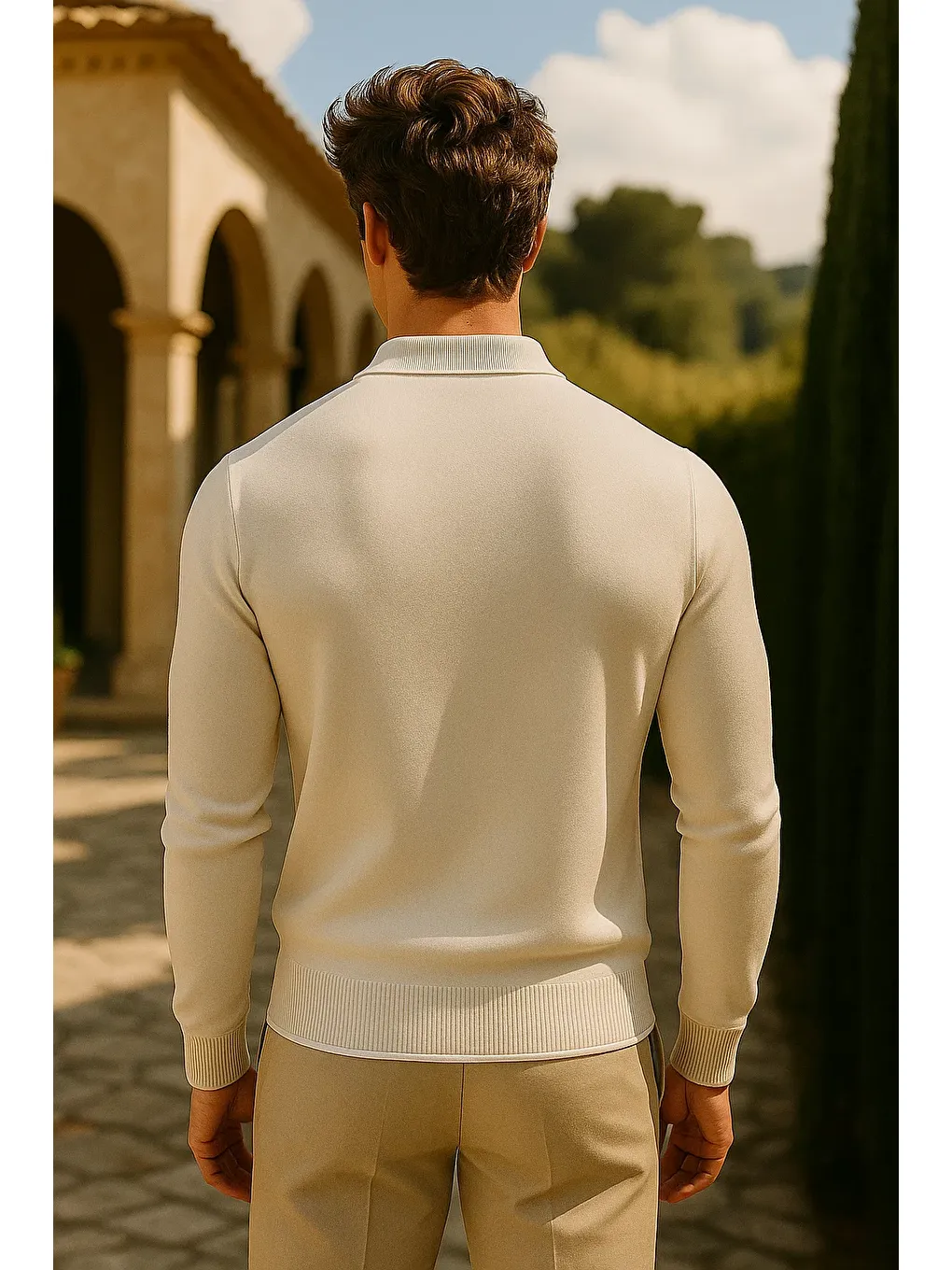 Ekru Erkek Günlük Fermuarlı Krem Uzun Kollu Polo Yaka Triko-5