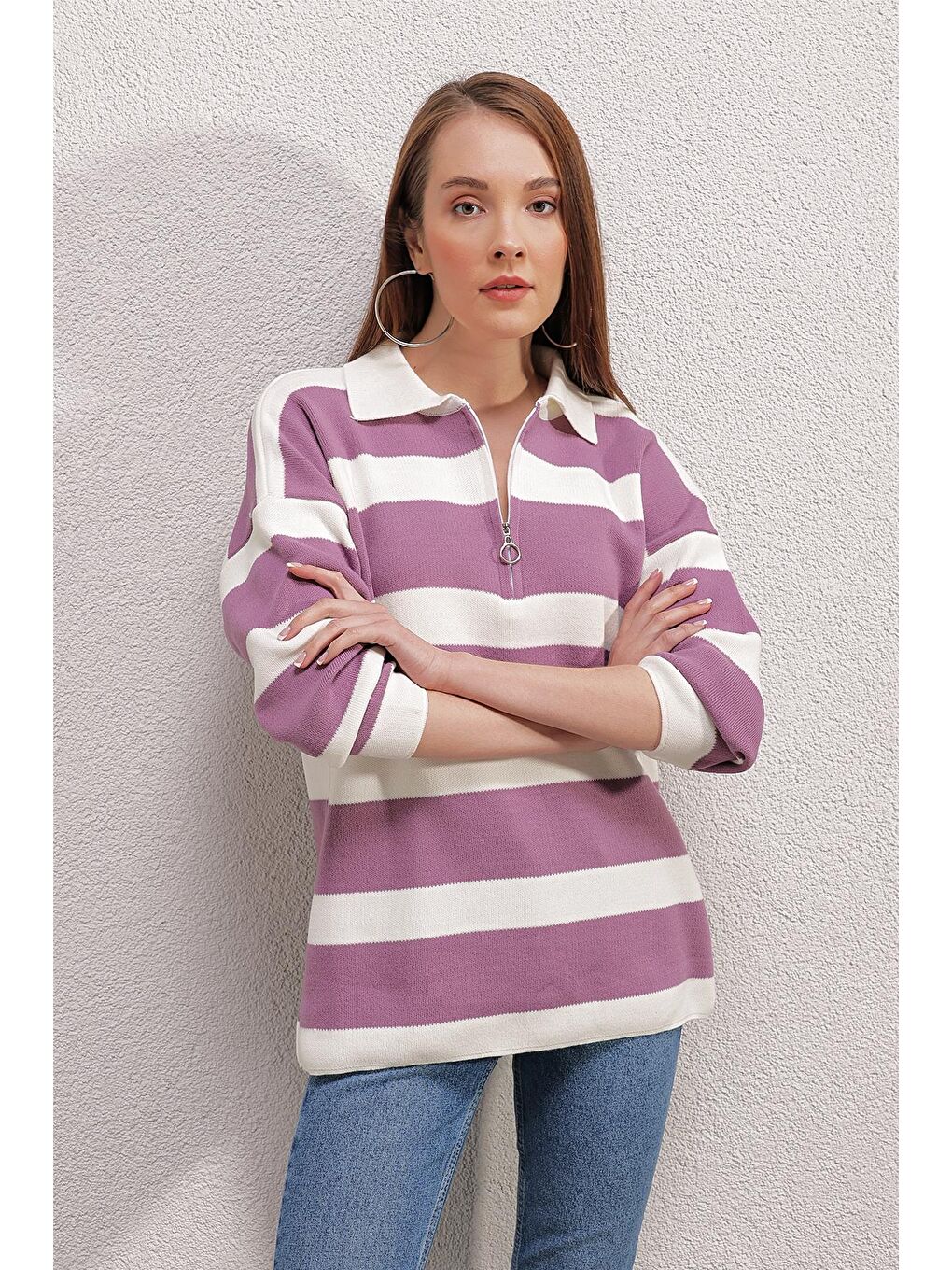 4512  Çizgili Oversize Kazak - Lila-1