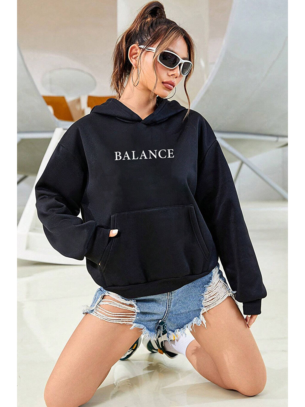 Siyah Unisex Oversize Balance Baskılı Sweatshirt