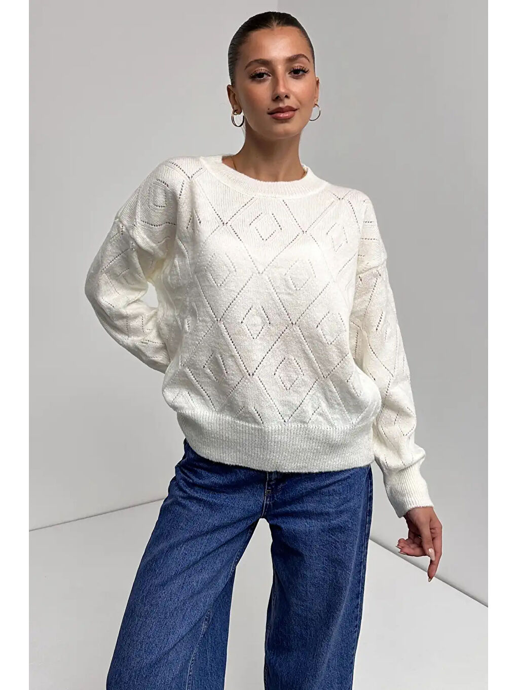 Bisiklet Yaka Baklava Desenli Triko Kazak Ekru-1