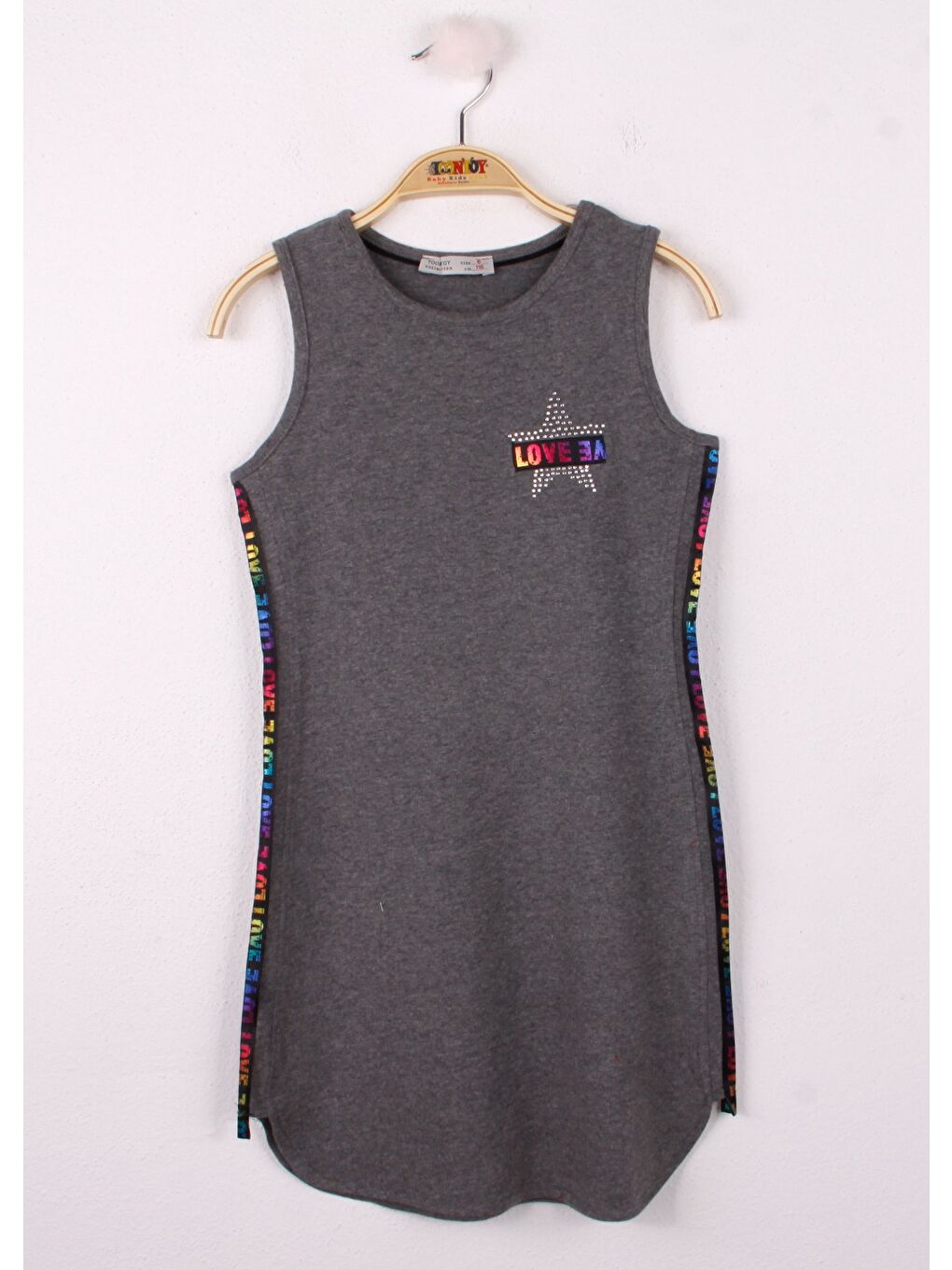 Antrasit Kız Çocuk Göğsü Yıldız Baskılı Sıfır Kol Elbise