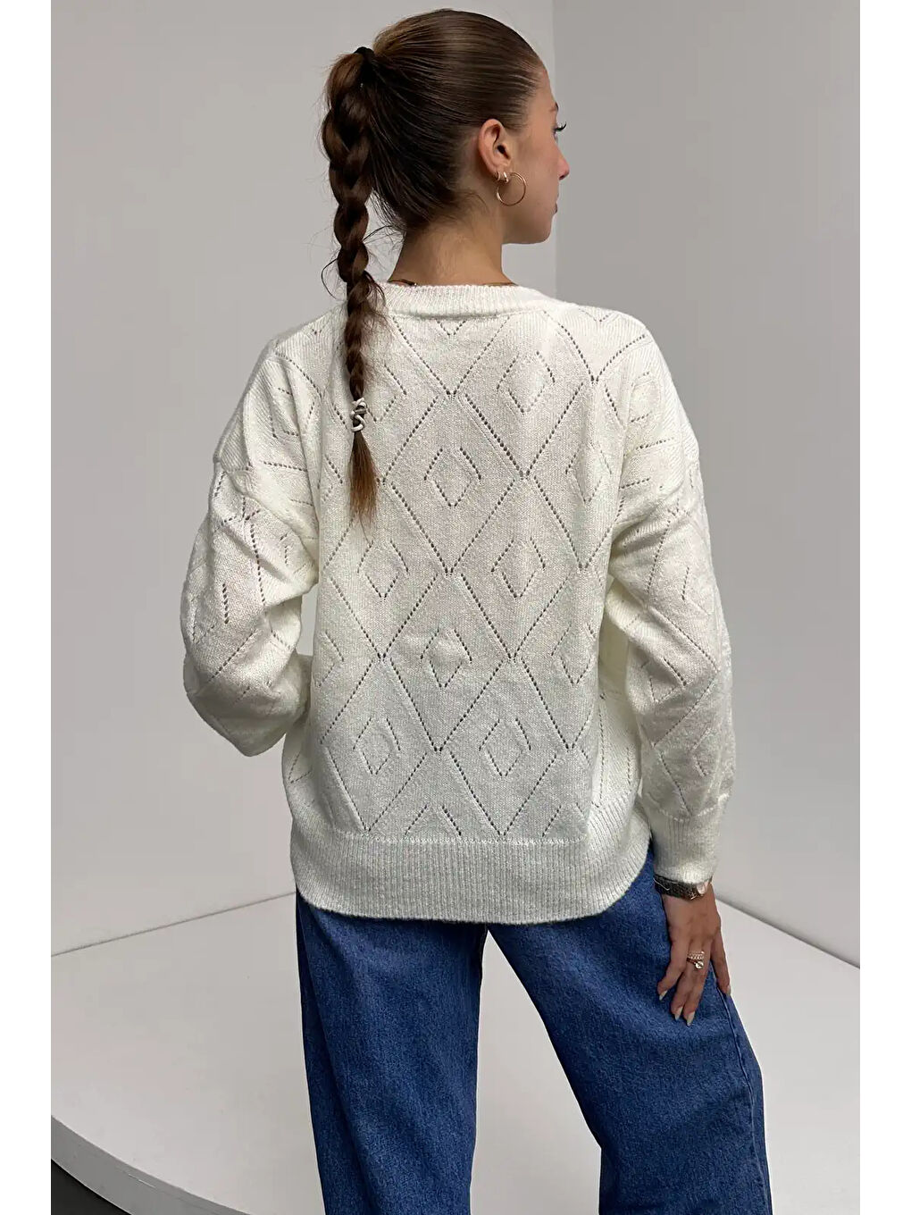 Bisiklet Yaka Baklava Desenli Triko Kazak Ekru-2