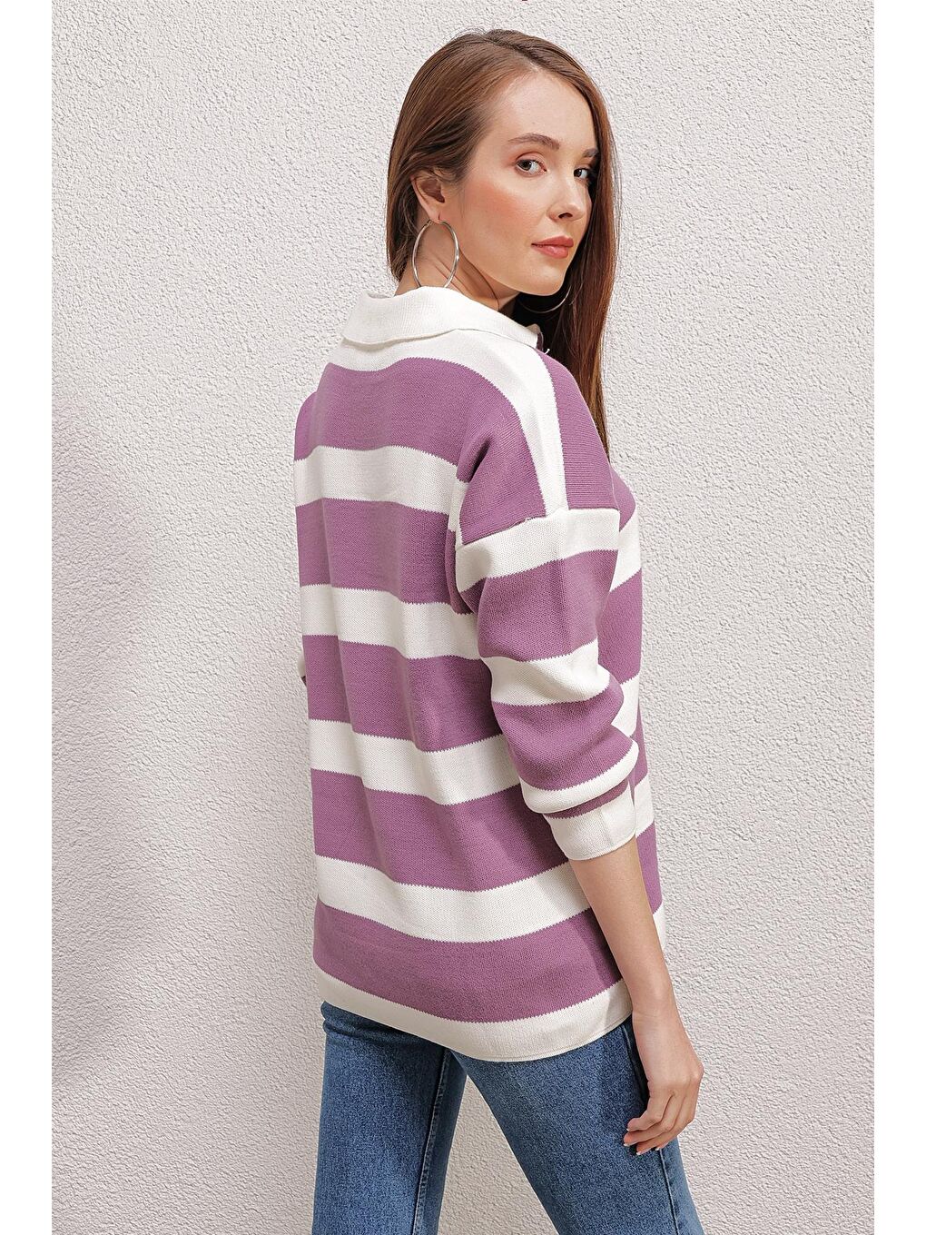 4512  Çizgili Oversize Kazak - Lila-2