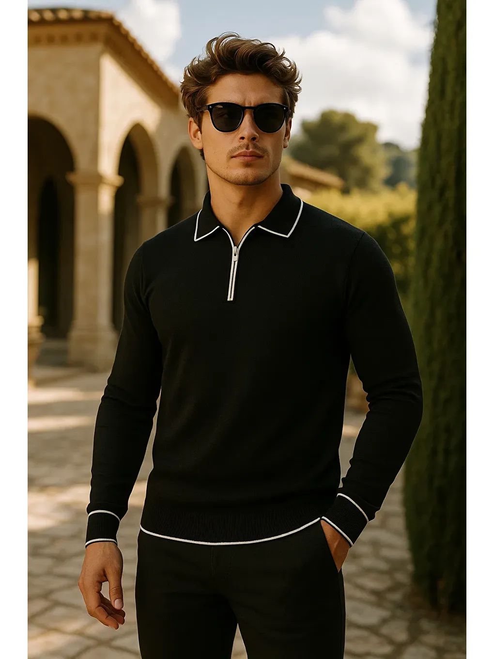 Erkek Günlük Fermuarlı Siyah Uzun Kollu Polo Yaka Triko-1