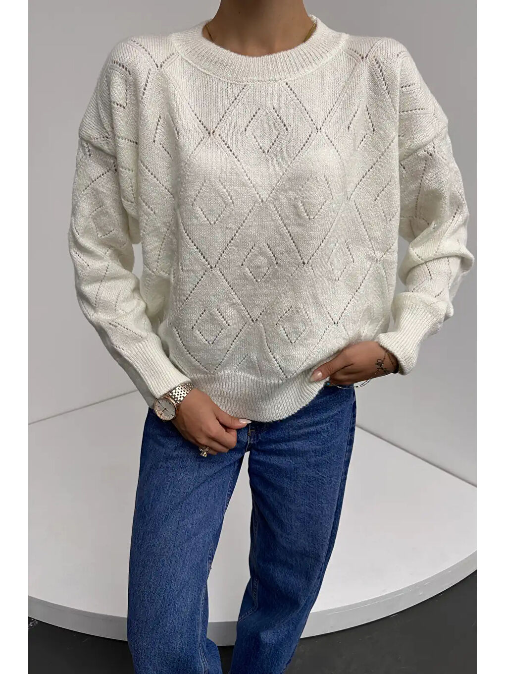 Bisiklet Yaka Baklava Desenli Triko Kazak Ekru-3