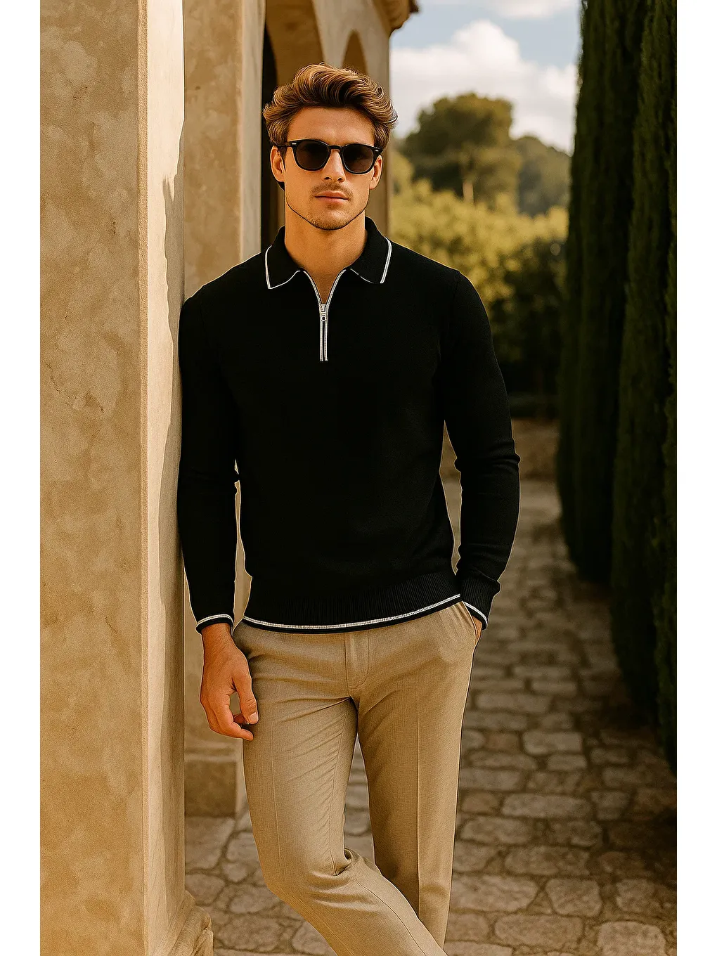 Erkek Günlük Fermuarlı Siyah Uzun Kollu Polo Yaka Triko-2