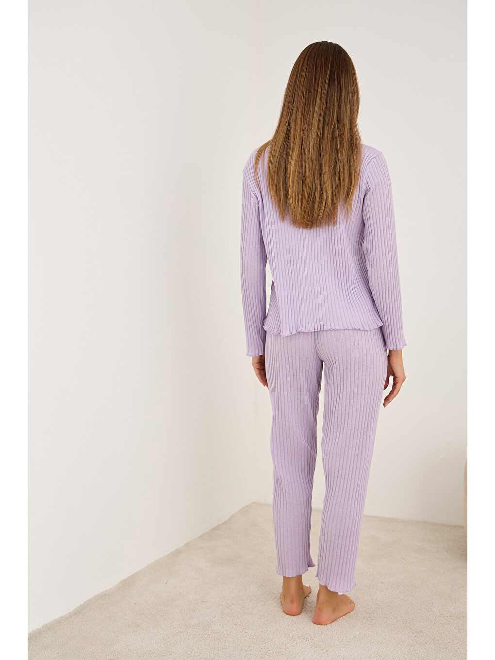Lila Fiyonklu Fitilli Kaşkorse Uzun Kollu Pijama Takım 7937-1