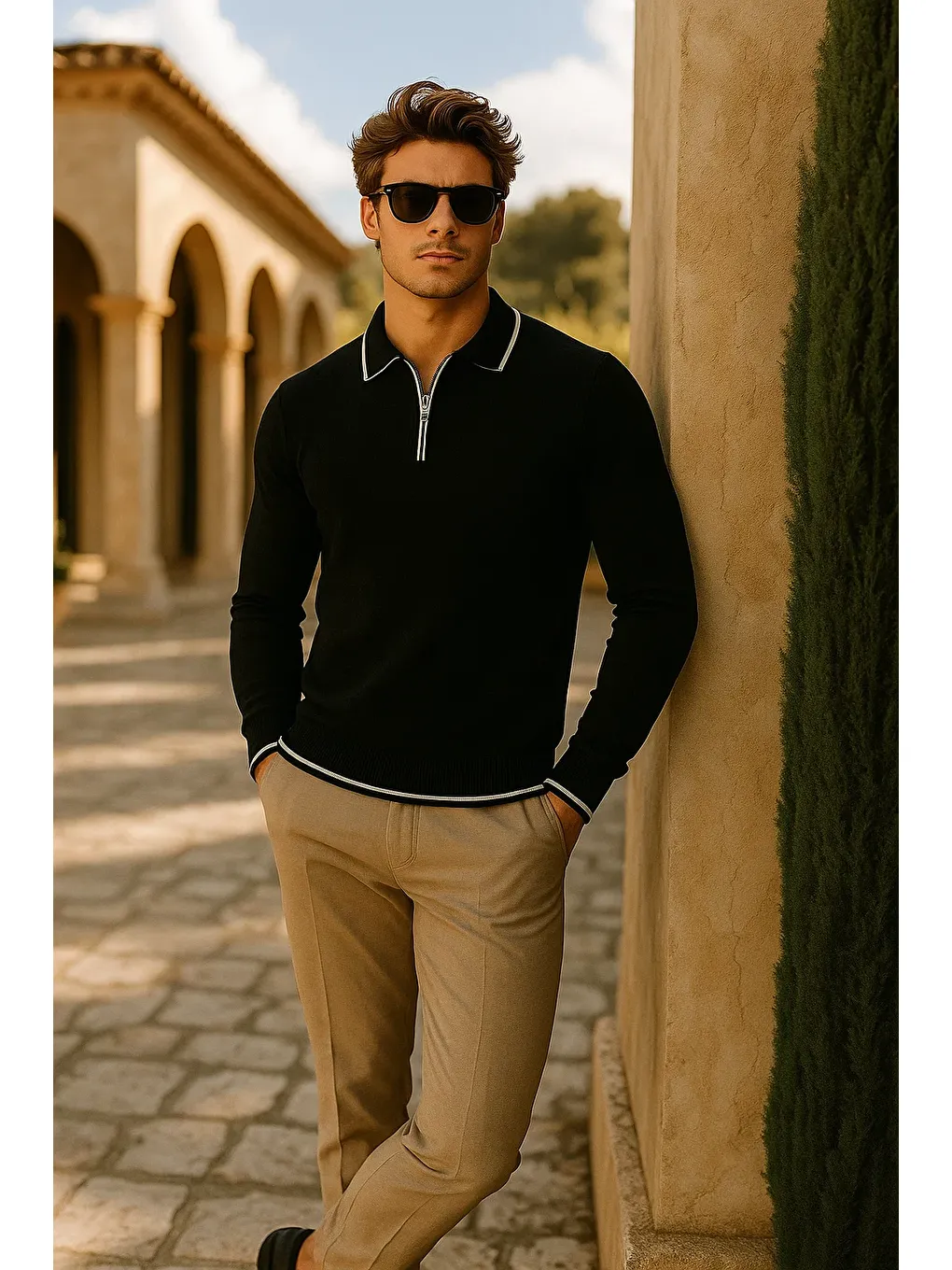 Erkek Günlük Fermuarlı Siyah Uzun Kollu Polo Yaka Triko-3