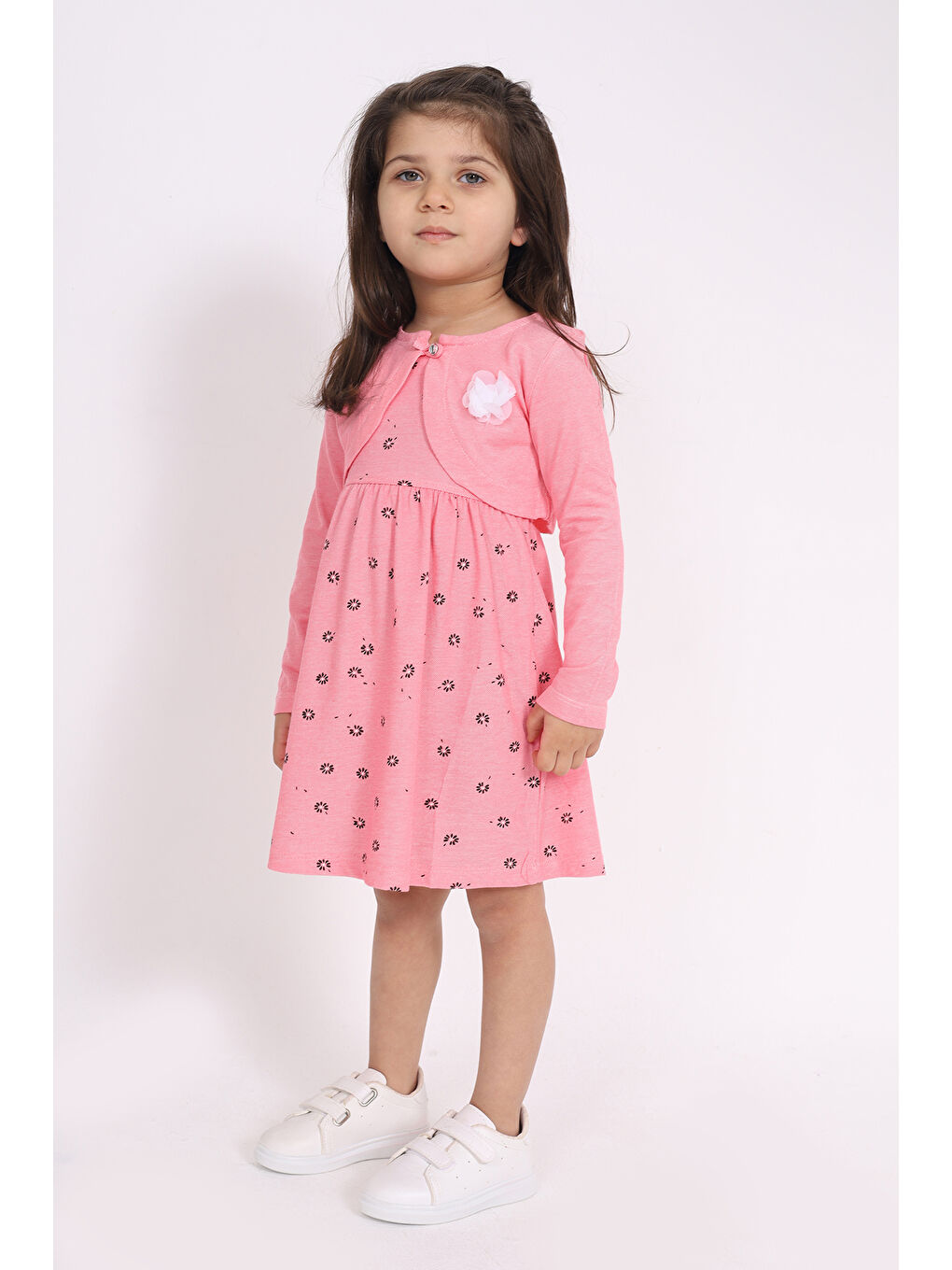 Pembe Kız Çocuk Göğsü Çiçek Detaylı Elbise-3