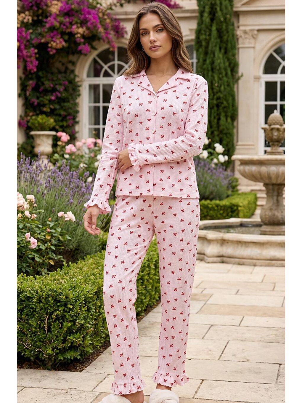 Bürümcük Dokulu Düğmeli Pijama Takım Pembe Fiyonk