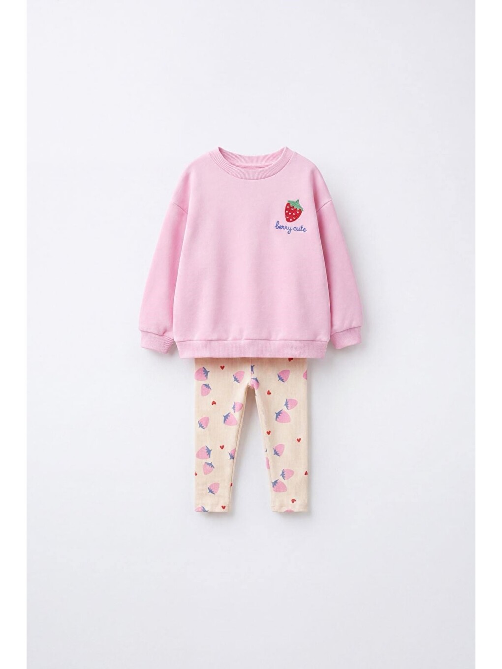 Kız Çocuk Çilek Nakışlı Pembe Sweatshirt Ve Tayt Takımı