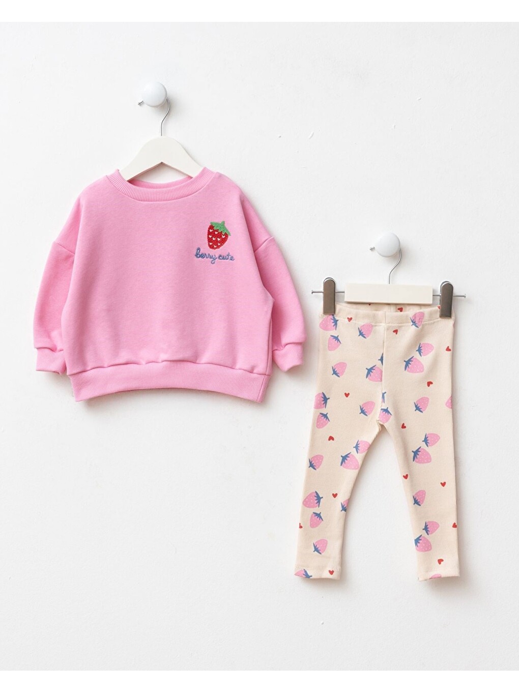 Kız Çocuk Çilek Nakışlı Pembe Sweatshirt Ve Tayt Takımı-1