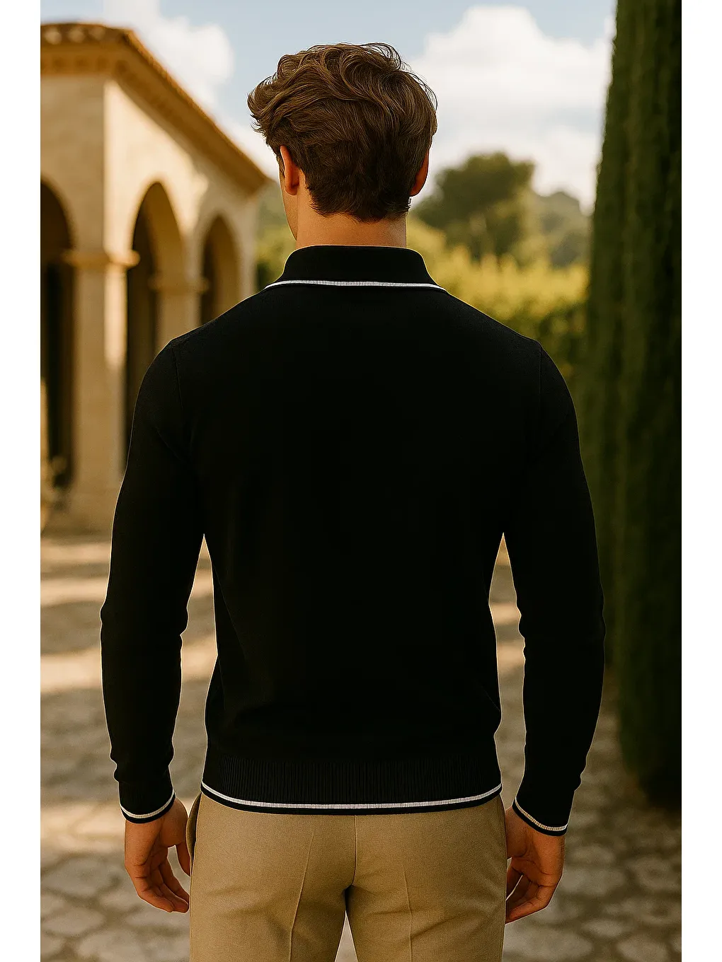 Erkek Günlük Fermuarlı Siyah Uzun Kollu Polo Yaka Triko-4