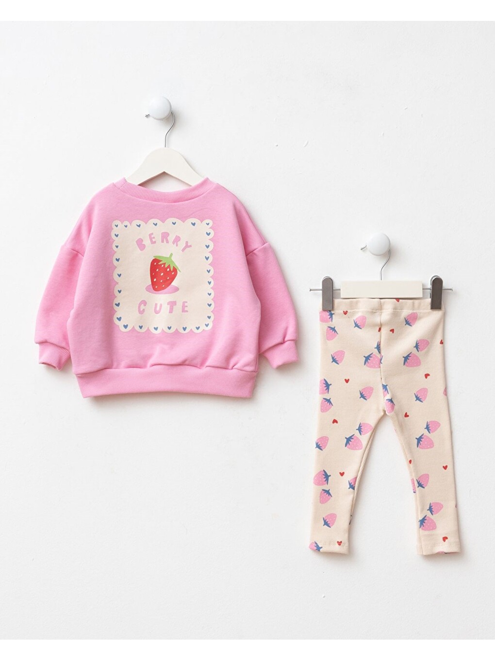 Kız Çocuk Çilek Nakışlı Pembe Sweatshirt Ve Tayt Takımı-2