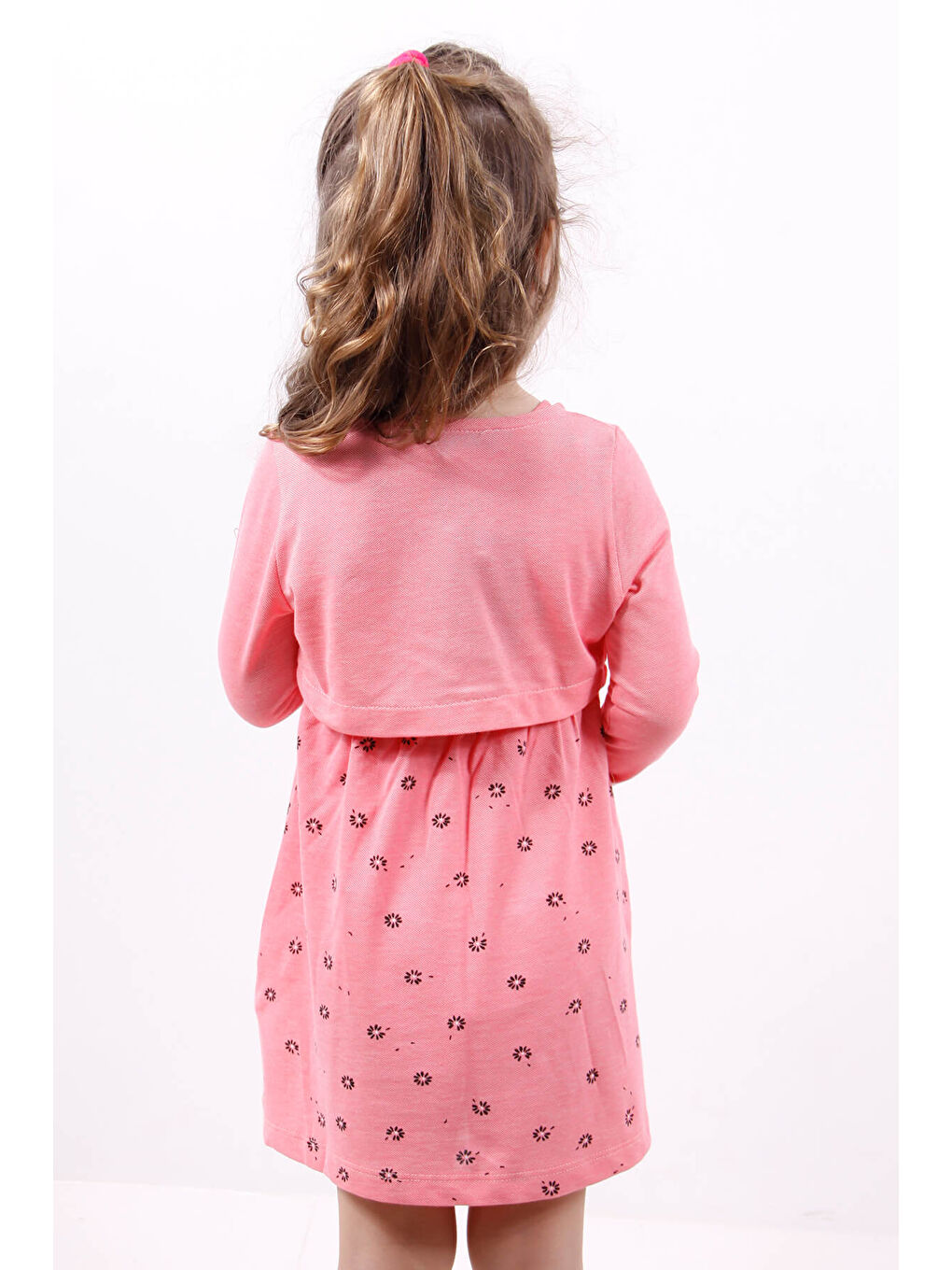 Pembe Kız Çocuk Göğsü Çiçek Detaylı Elbise-6