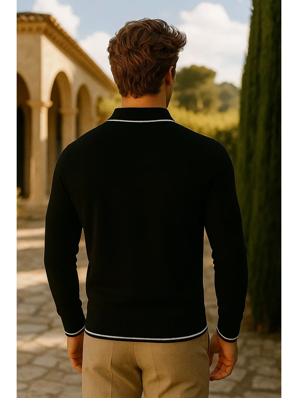 Erkek Günlük Fermuarlı Siyah Uzun Kollu Polo Yaka Triko-5