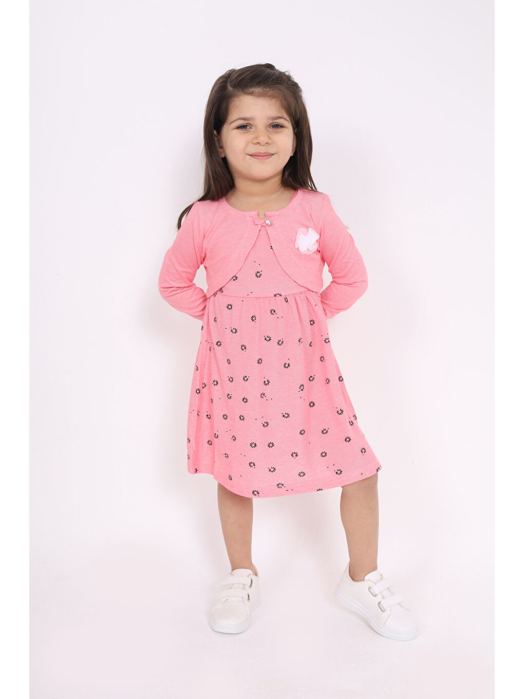 Pembe Kız Çocuk Göğsü Çiçek Detaylı Elbise-7