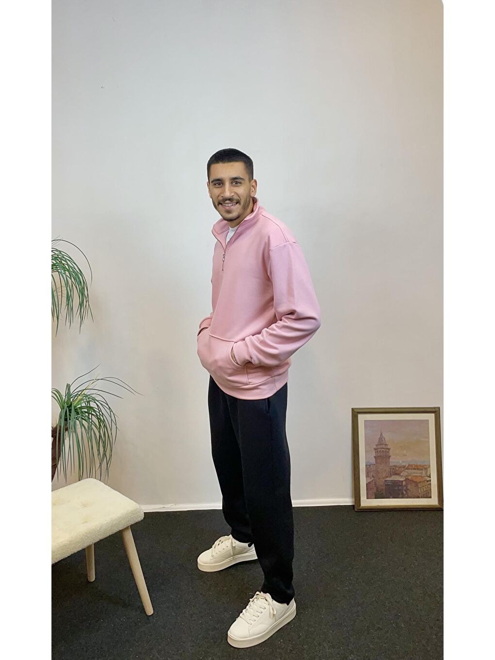 Süperlife Pembe Erkek 3 iplik Yarım Fermuarlı Kanguru Çepli Sweatshırt spr24sw22