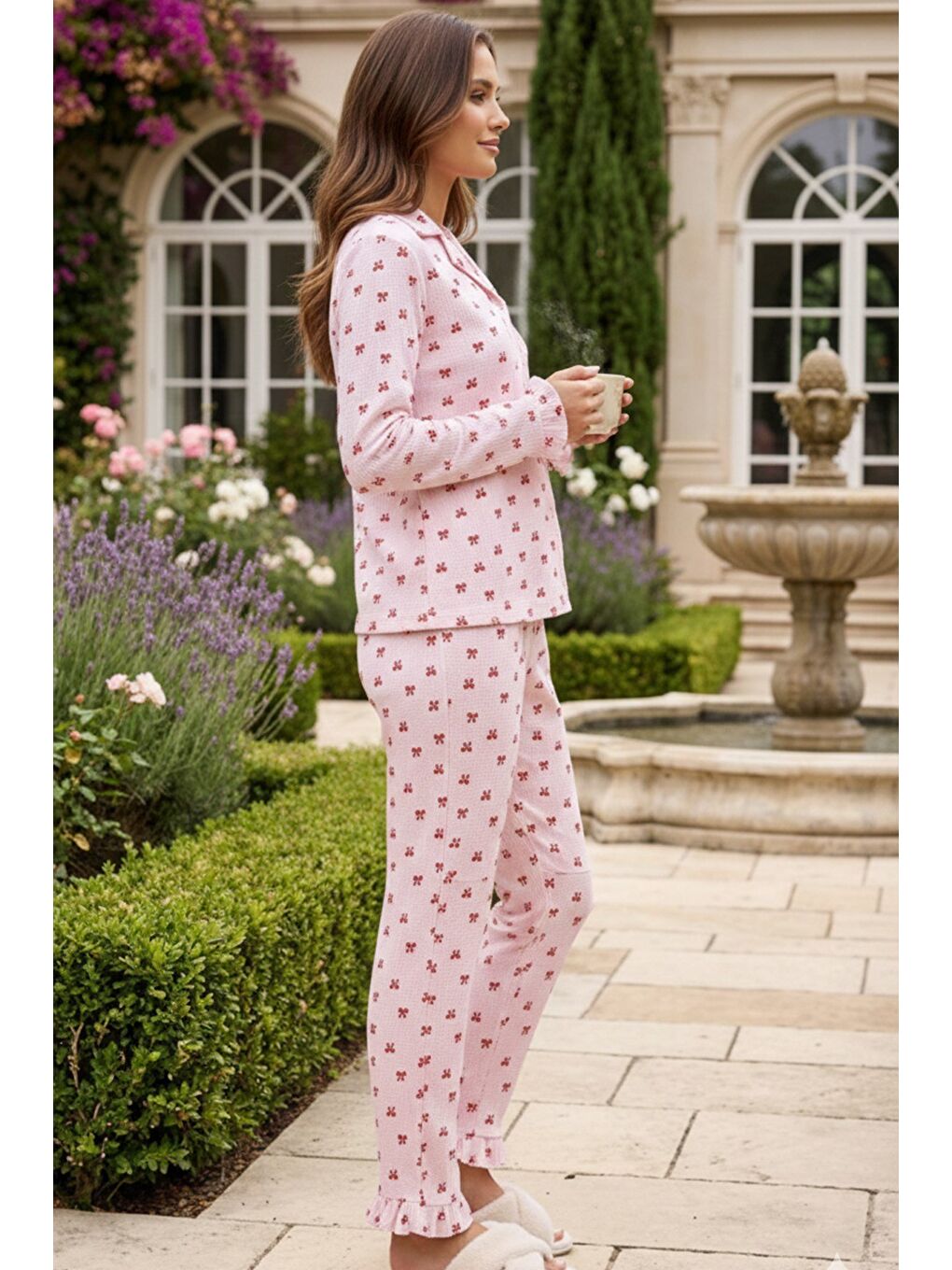 Bürümcük Dokulu Düğmeli Pijama Takım Pembe Fiyonk-3