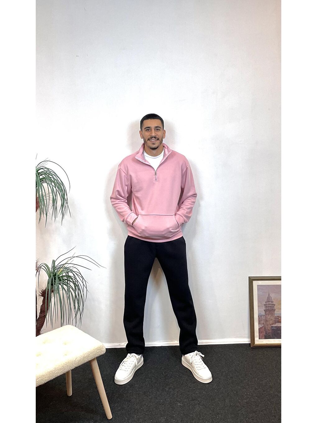 Süperlife Pembe Erkek 3 iplik Yarım Fermuarlı Kanguru Çepli Sweatshırt spr24sw22 - 1