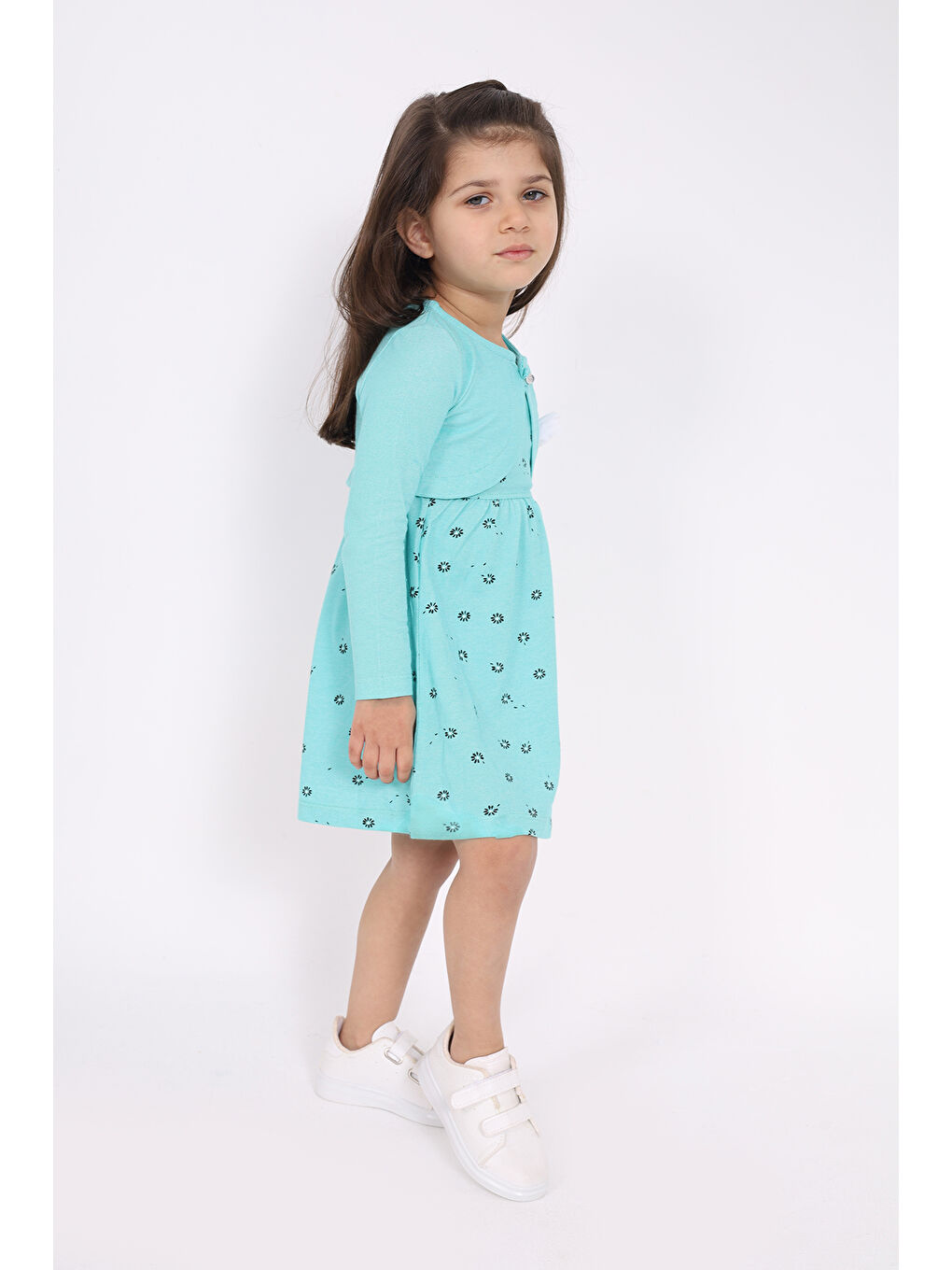 Turkuaz Kız Çocuk Göğsü Çiçek Detaylı Elbise-1