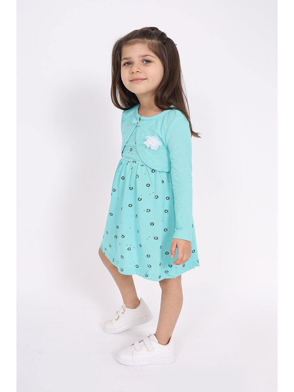 Turkuaz Kız Çocuk Göğsü Çiçek Detaylı Elbise-2
