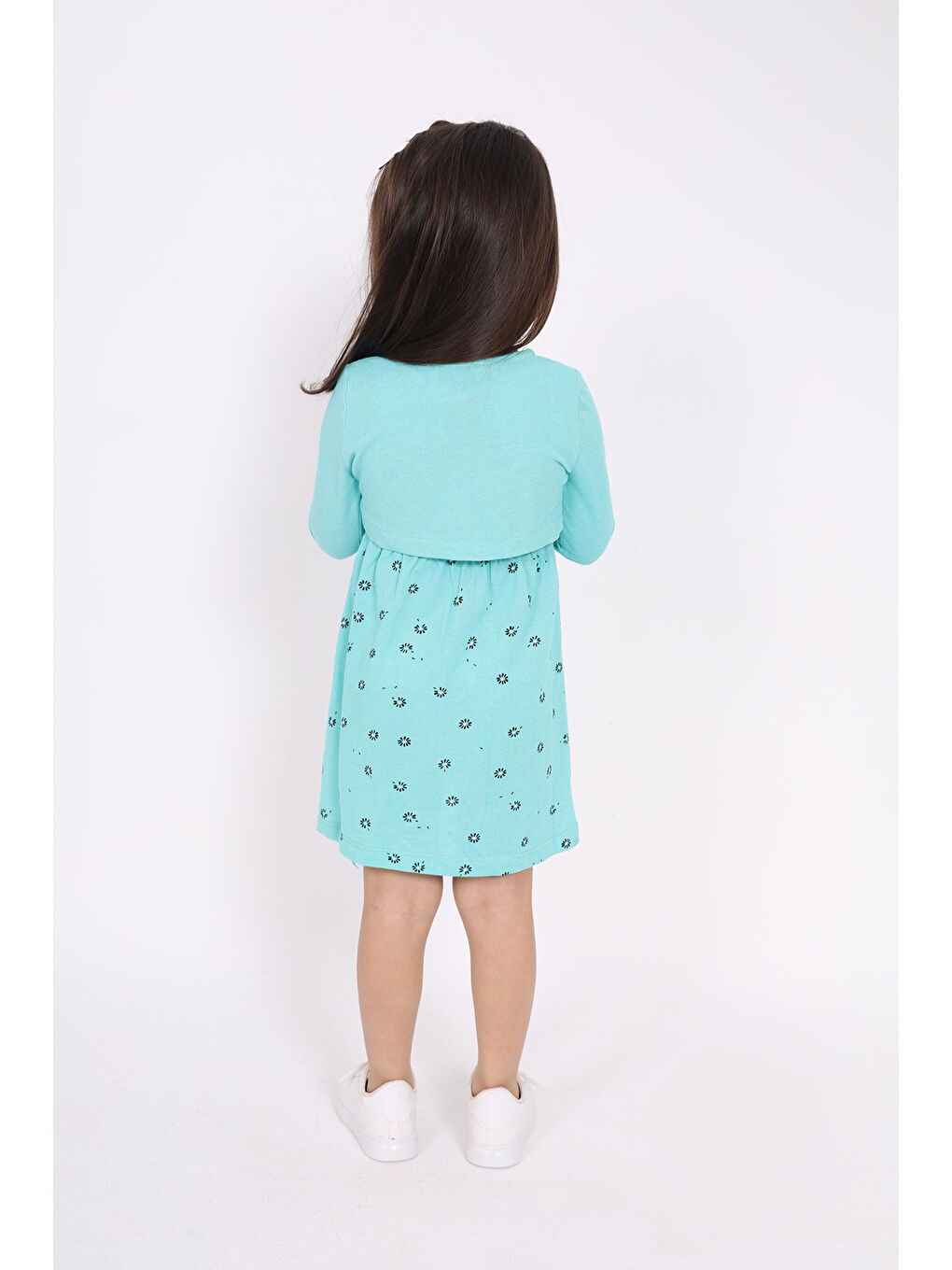 Turkuaz Kız Çocuk Göğsü Çiçek Detaylı Elbise-3