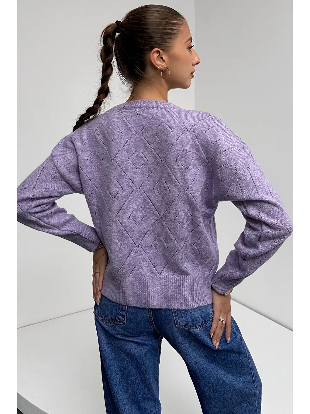 Bisiklet Yaka Baklava Desenli Triko Kazak Mor-2