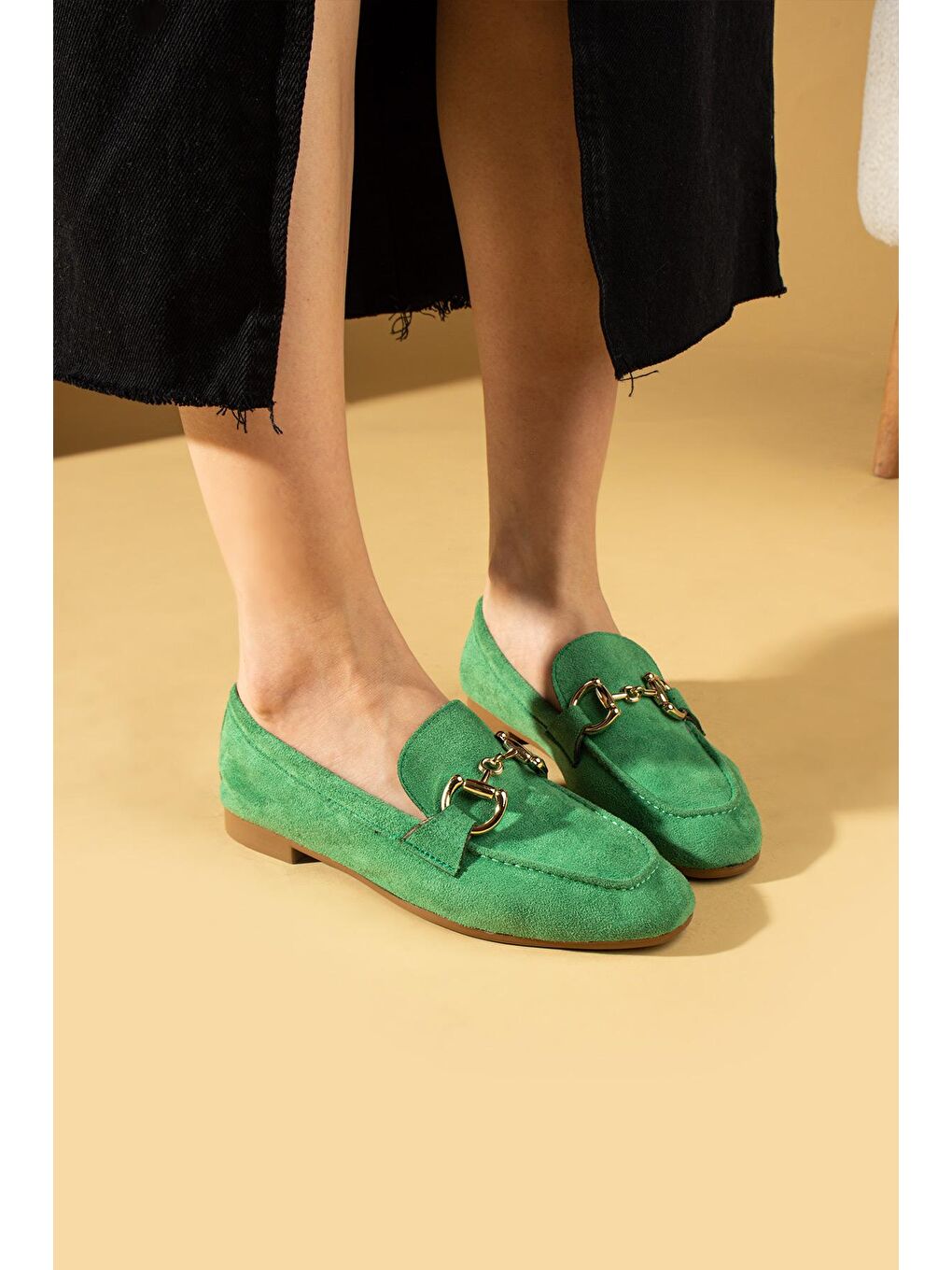 Yeşil Metal Gold Tokalı Rahat Kalıp Kadın Babet 001-188-24Süet-1