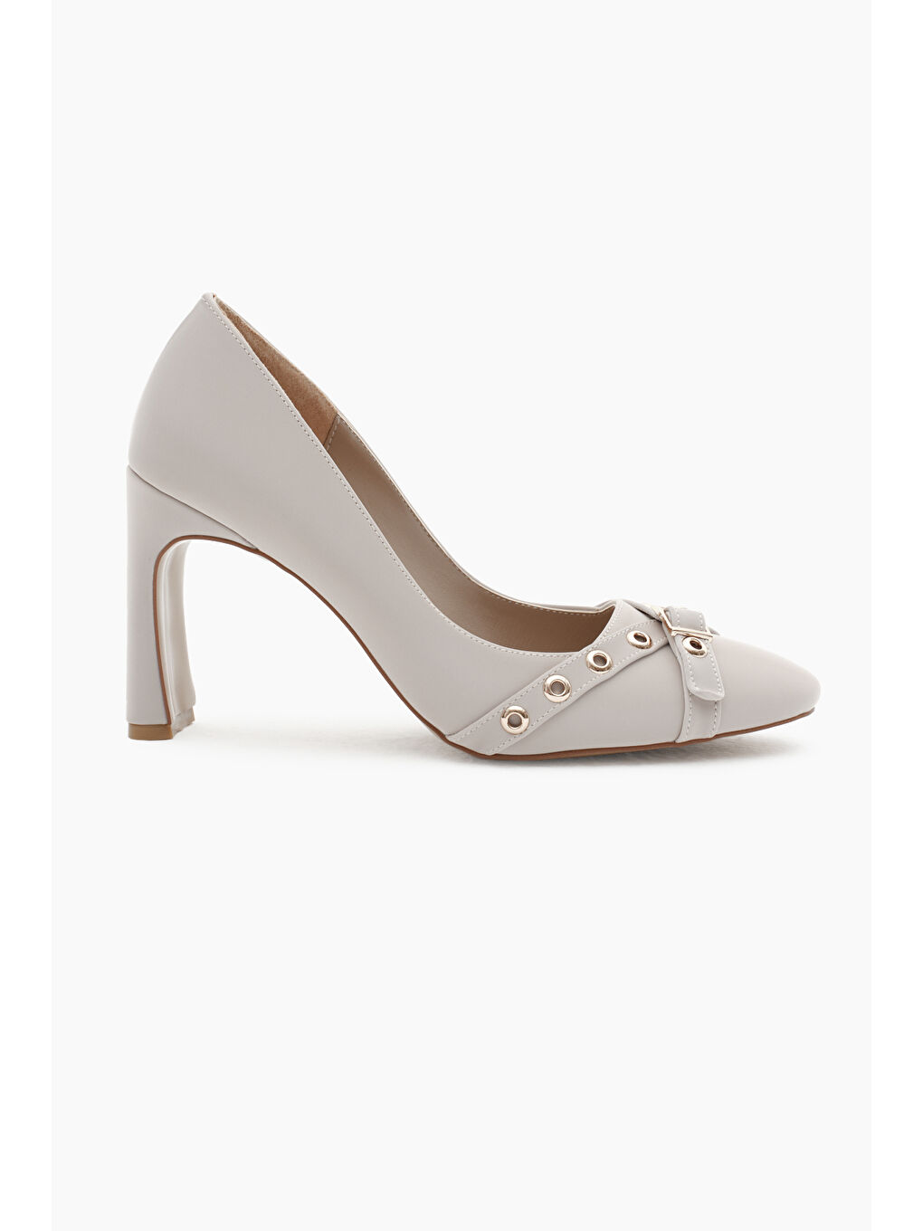 Bej Kadın Taş Neolit Taban Önü Şerit Tokalı Yüksek Topuklu Ayakkabı-1