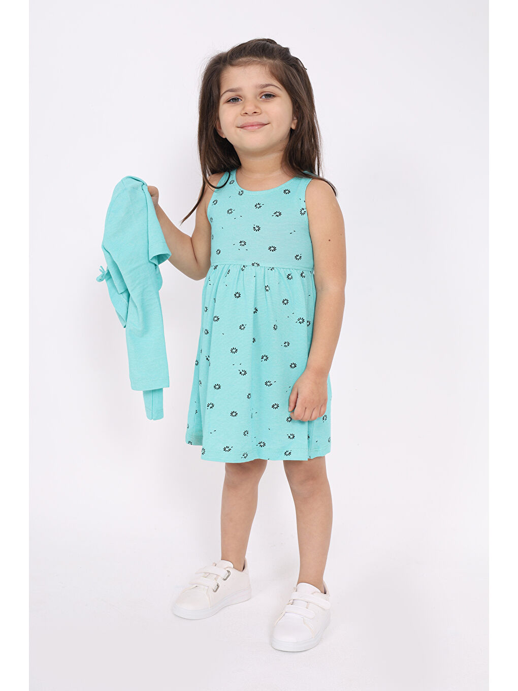 Turkuaz Kız Çocuk Göğsü Çiçek Detaylı Elbise-4