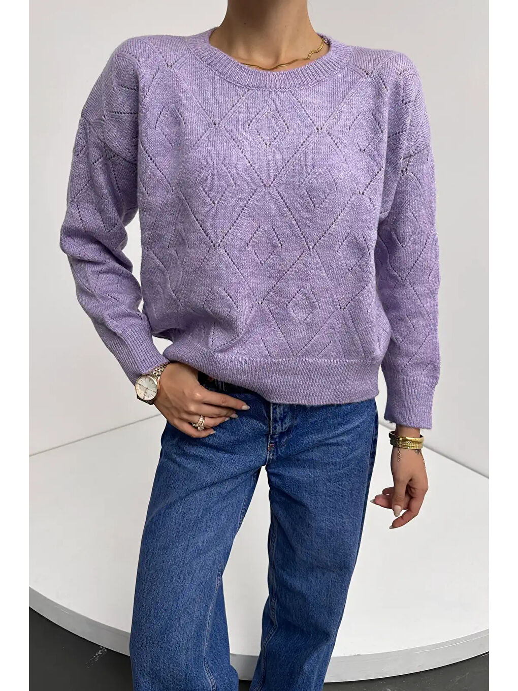 Bisiklet Yaka Baklava Desenli Triko Kazak Mor-3