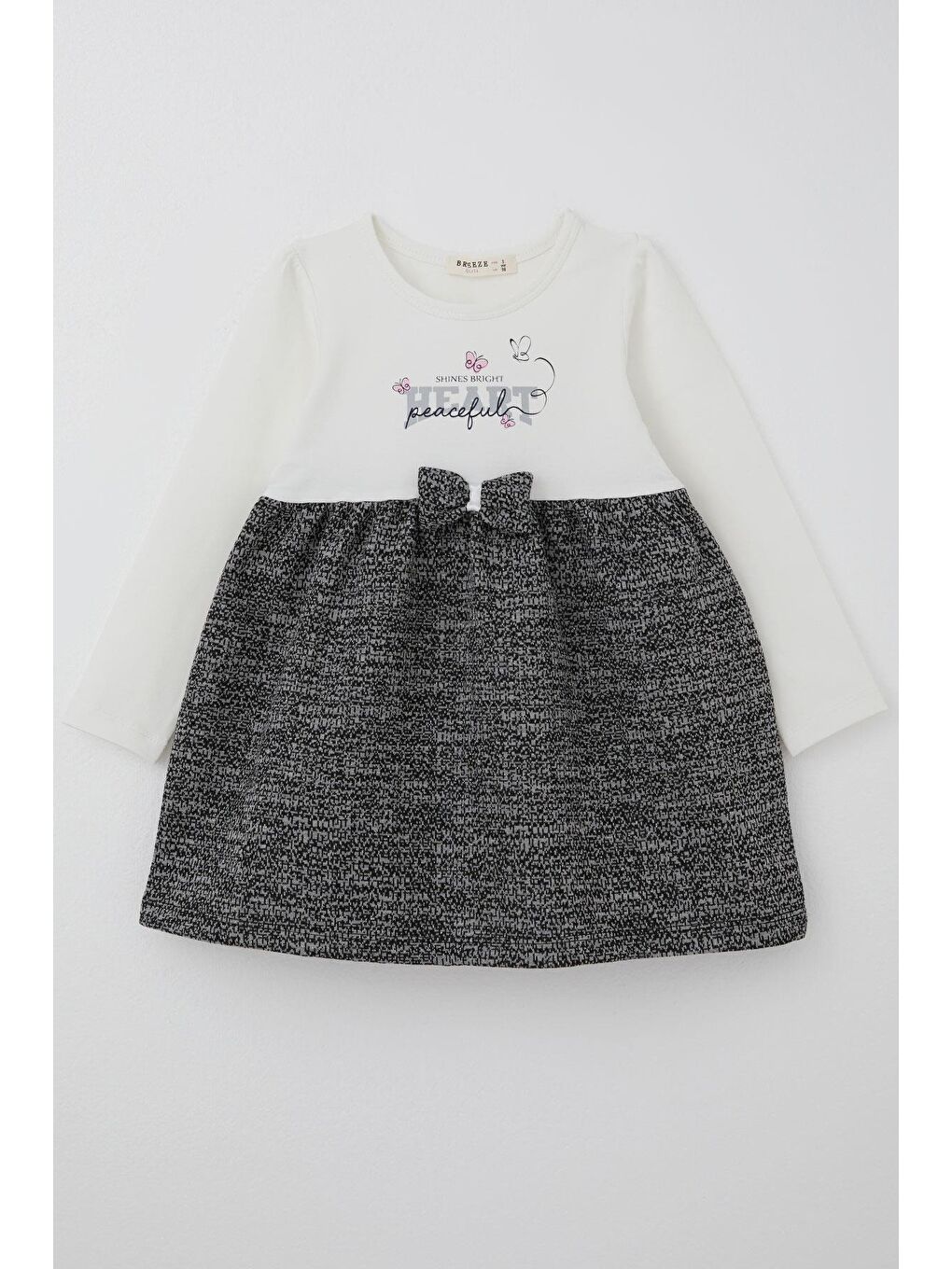 Kız Çocuk Uzun Kollu Elbise Kelebekli Yazı Baskılı Fiyonk Detaylı Ekru (2-6 Yaş)