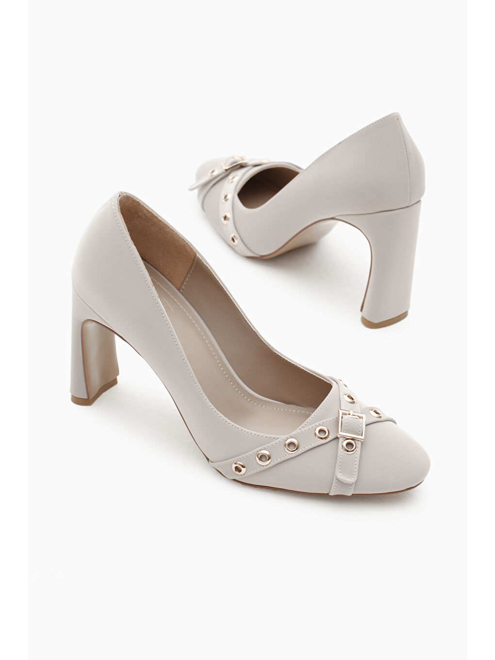 Bej Kadın Taş Neolit Taban Önü Şerit Tokalı Yüksek Topuklu Ayakkabı-3