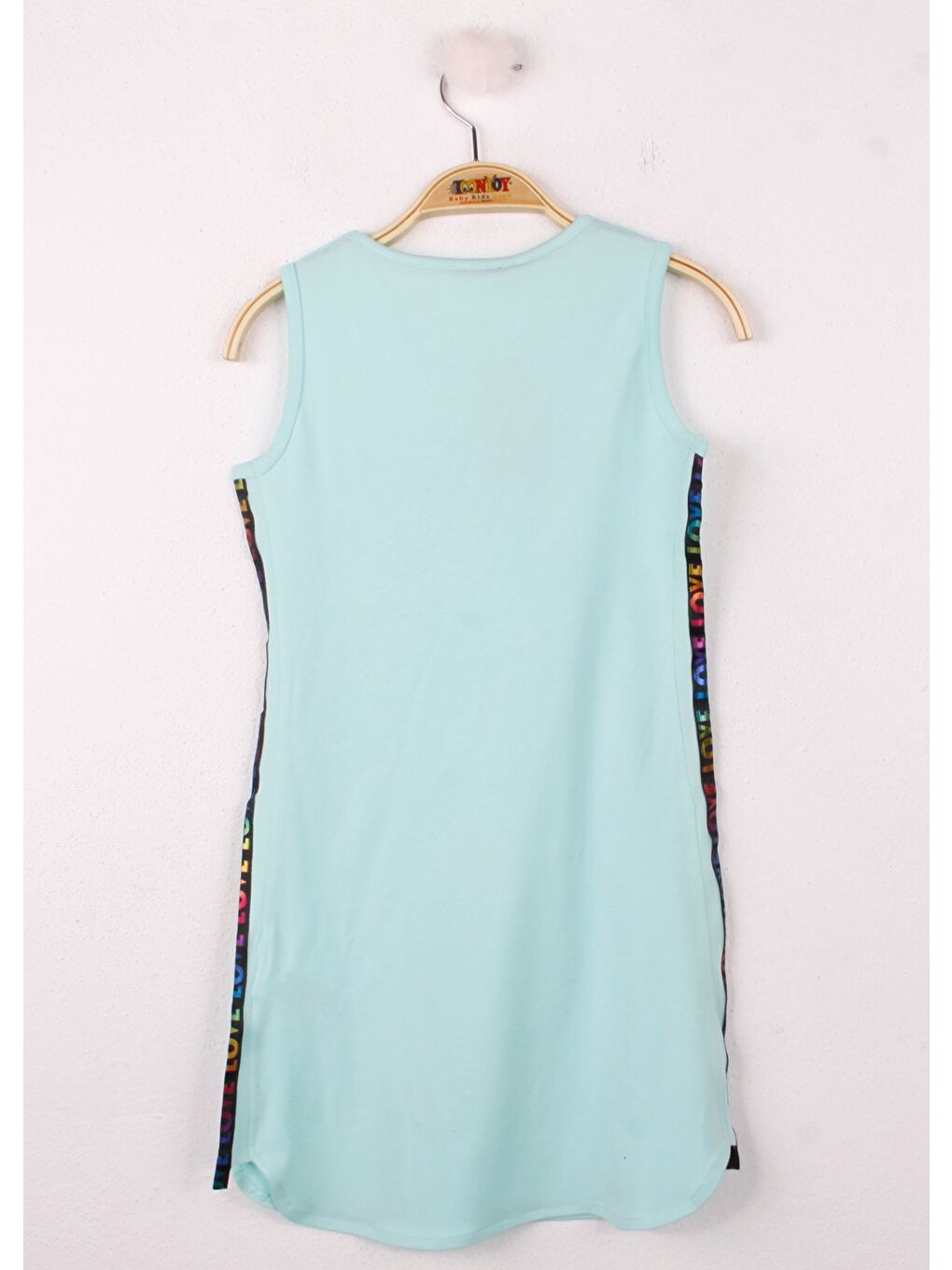 Turkuaz Kız Çocuk Göğsü Yıldız Baskılı Sıfır Kol Elbise-1