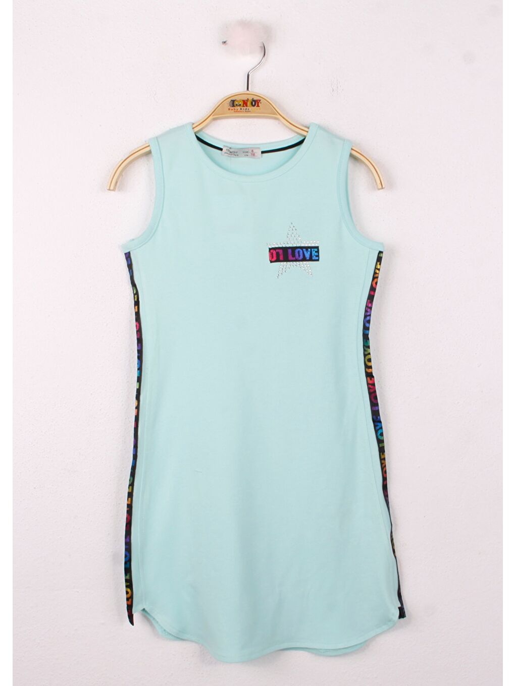 Turkuaz Kız Çocuk Göğsü Yıldız Baskılı Sıfır Kol Elbise-2