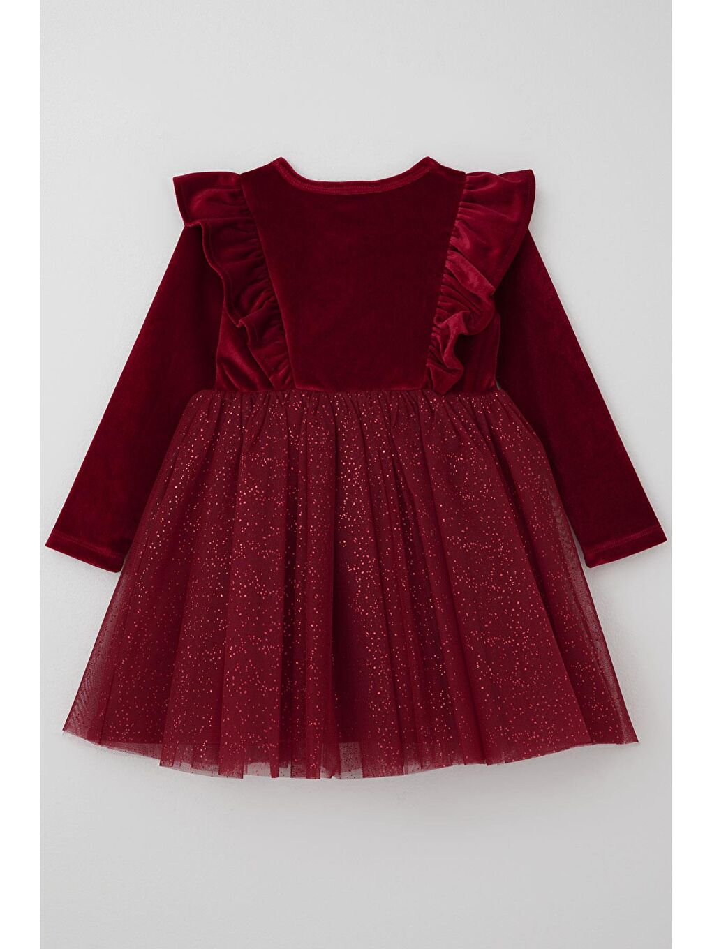 Kız Çocuk Uzun Kollu Kadife Elbise Fiyonk Aksesuarlı Tülü Sim Detaylı Bordo (6-8 Yaş)-1