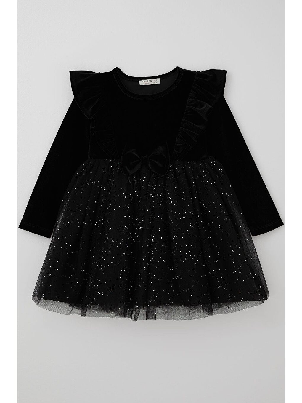 Kız Çocuk Uzun Kollu Kadife Elbise Fiyonk Aksesuarlı Tülü Sim Detaylı Siyah (4-8 Yaş)