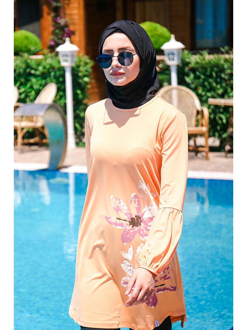 Ekru Çiçek Desenli Tam Kapalı Tesettür Mayo M2013