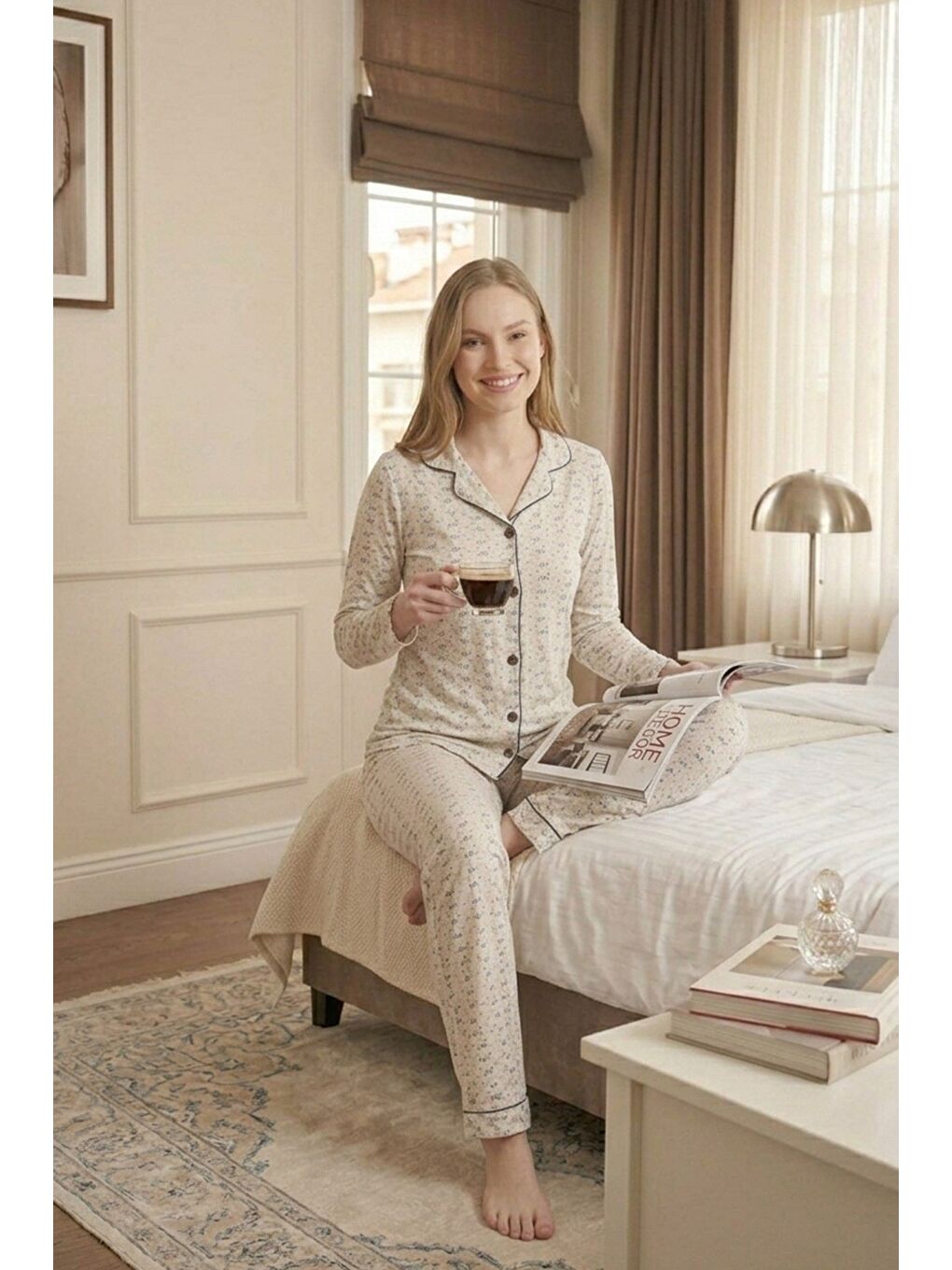 Ekru Fiyonk Detay Yumuşak Uzun Kol Pijama Takım Çiçek-3