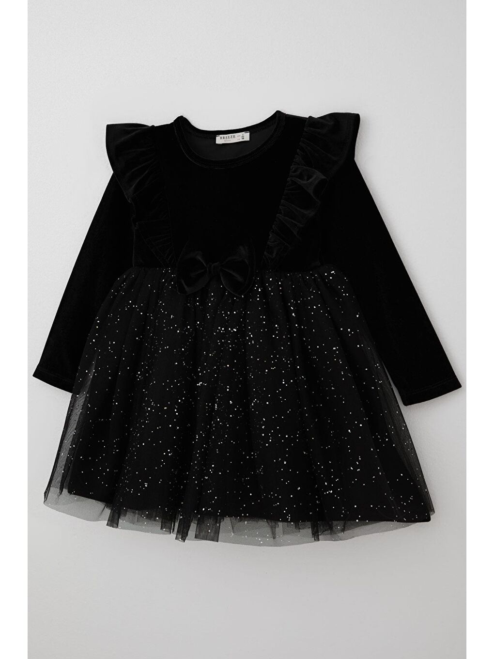 Kız Çocuk Uzun Kollu Kadife Elbise Fiyonk Aksesuarlı Tülü Sim Detaylı Siyah (4-8 Yaş)-2