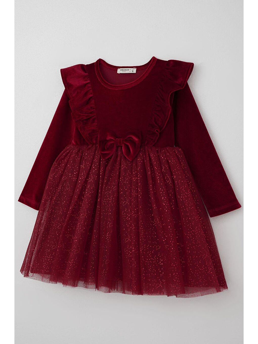 Kız Çocuk Uzun Kollu Kadife Elbise Fiyonk Aksesuarlı Tülü Sim Detaylı Bordo (6-8 Yaş)-2
