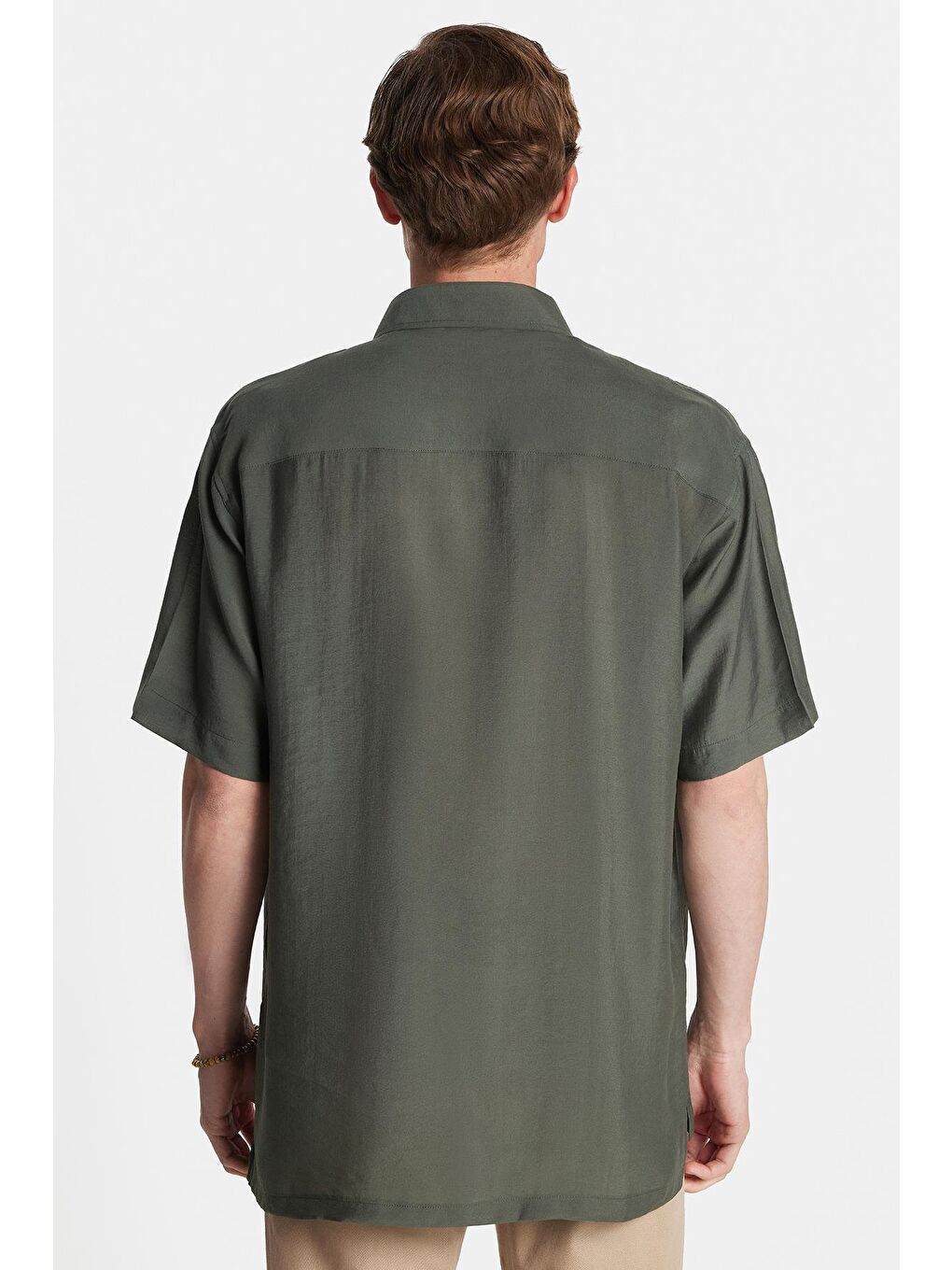 Erkek Relax Fit Rahat Kullanım Modal Kumaş Tek Cepli Kısa Kollu Haki Gömlek-4